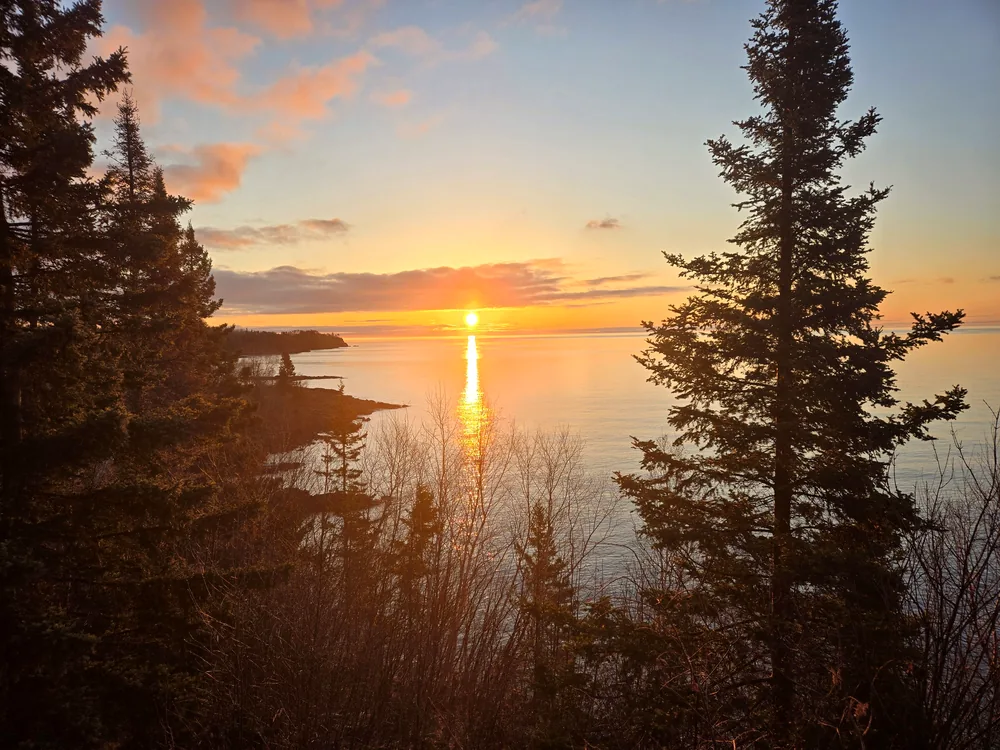 Sunset over Lake Superior through the pines